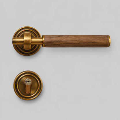 Antique brass door lock set with walnut lever and round rosettes, close-up