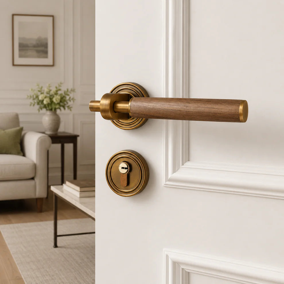 Walnut wood lever door lock handle with antique brass rosette and keyed cylinder