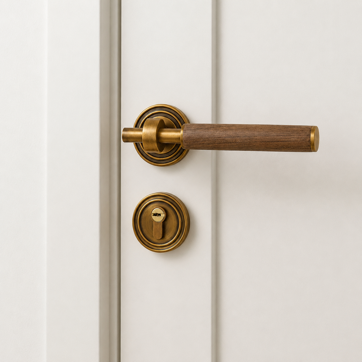 Walnut wood door lock handle with antique brass round rosettes and lever