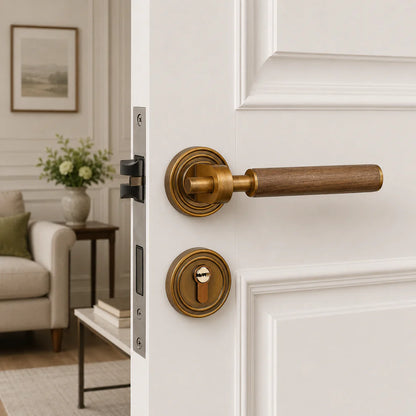 Walnut wood lever door handle with antique brass rosettes and key cylinder