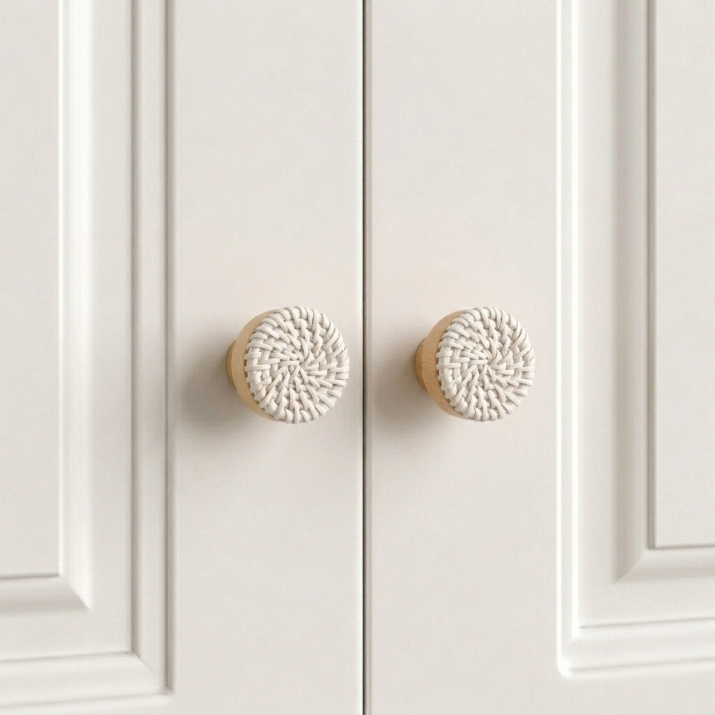 Woven rattan drawer knobs, light wood with white braided round knob fronts