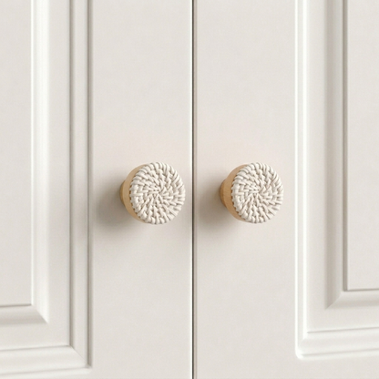 Woven rattan drawer knobs, light wood with white braided round knob fronts