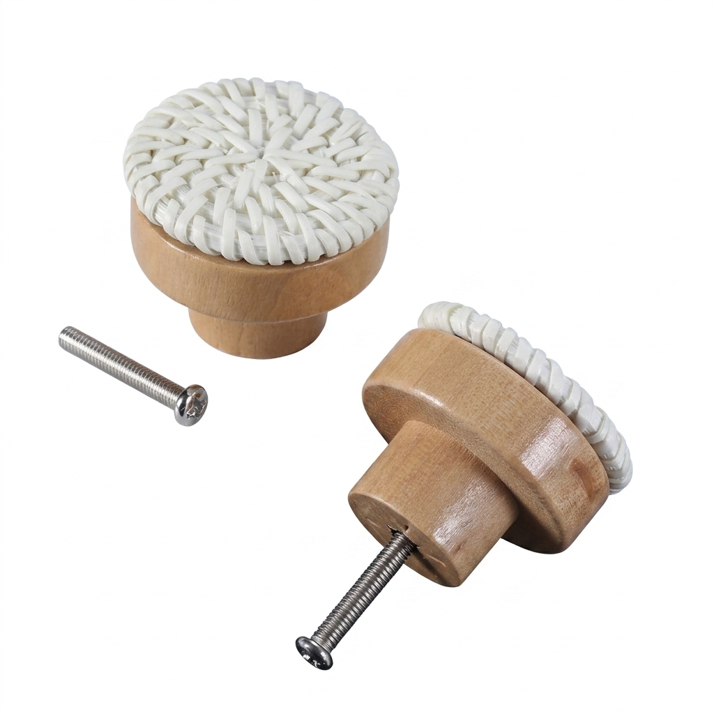 Woven rattan drawer knob set in wood with white braided tops and screws