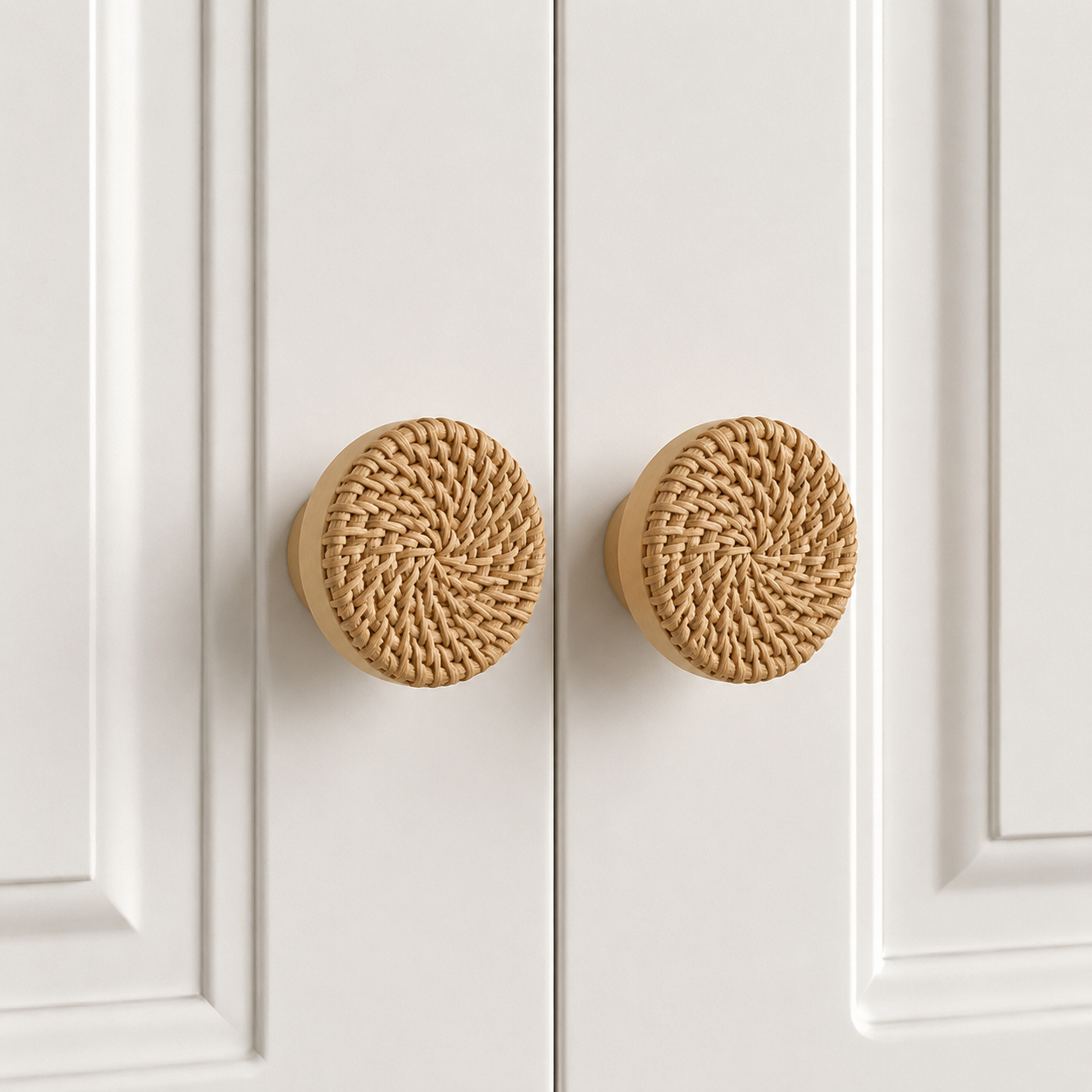 Woven rattan drawer knobs, natural wood tone with round braided front faces