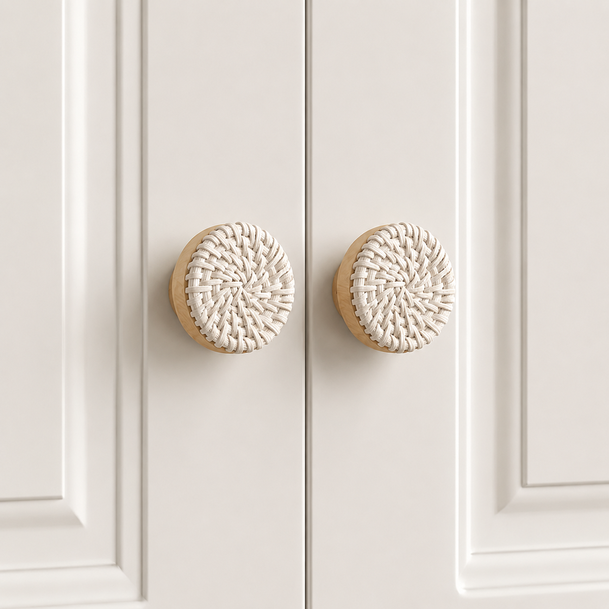 Woven rattan drawer knobs, light wood back with white braided round fronts