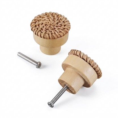 Woven rattan drawer knob with natural braided front, light wood base, included screws