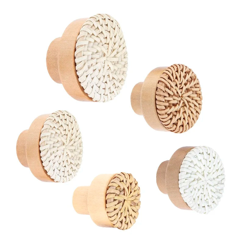 Woven rattan drawer knobs with light wood bases and white/natural braided fronts