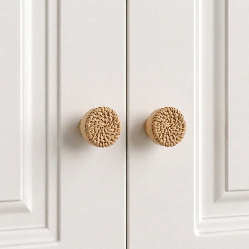 Woven rattan drawer knob, natural wood tone with round braided front