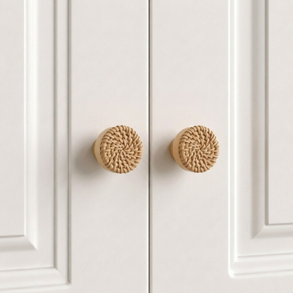 Woven rattan drawer knob, natural wood tone with round braided front