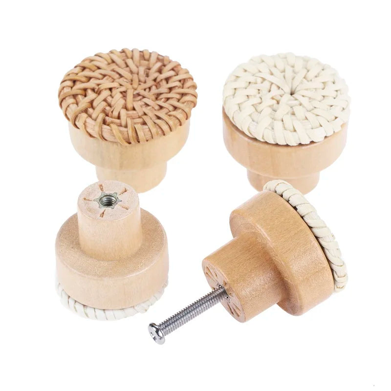 Woven rattan drawer knobs with natural and white braided fronts and metal screws