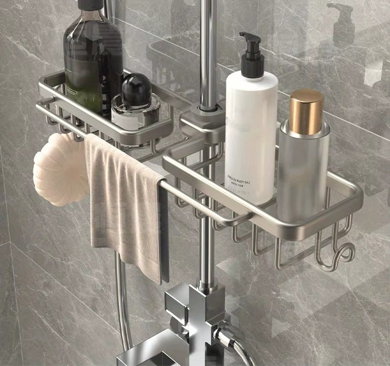 Shower riser rail caddy with stainless shelves, towel ring, and bottle dispenser holders