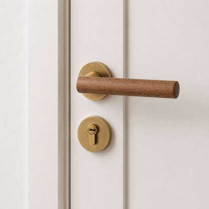 Magnetic door lock handle with antique brass circular plates and warm wood lever