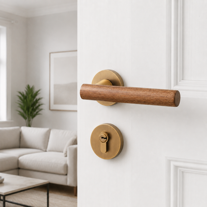 Magnetic door lock handle with antique brass round backplate and warm wood bar handle