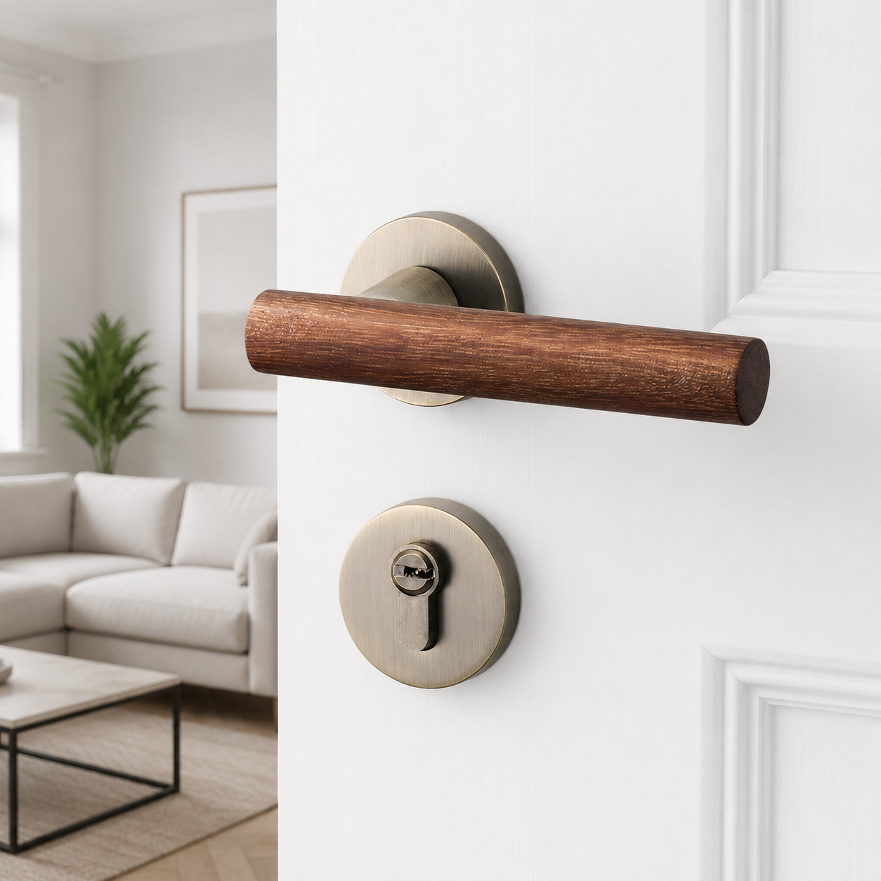 Magnetic door lock handle with antique grey round backplate and dark wood bar handle