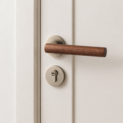 Magnetic door lock handle with antique grey circular backplate and dark wood lever