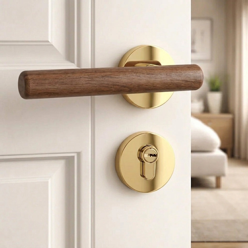 Magnetic split door lock handle with walnut lever and gold round keyhole plate