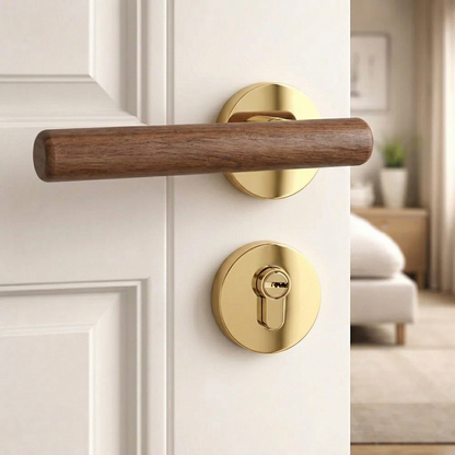 Magnetic split door lock handle with walnut lever and gold round keyhole plate