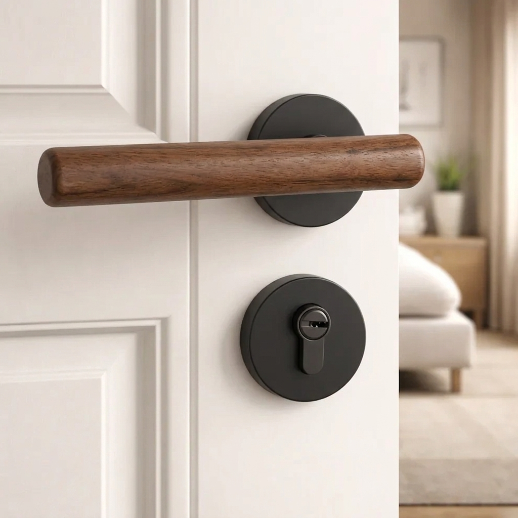 Magnetic split door lock handle with walnut lever and black round keyhole plate