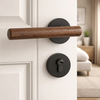 Magnetic split door lock handle with walnut lever and black round keyhole plate