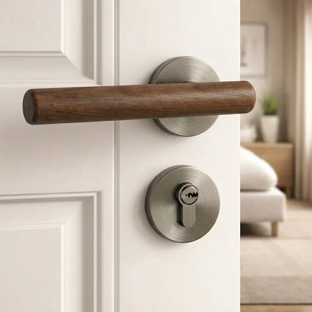 Magnetic split door lock handle with walnut lever and brushed silver round keyhole plate