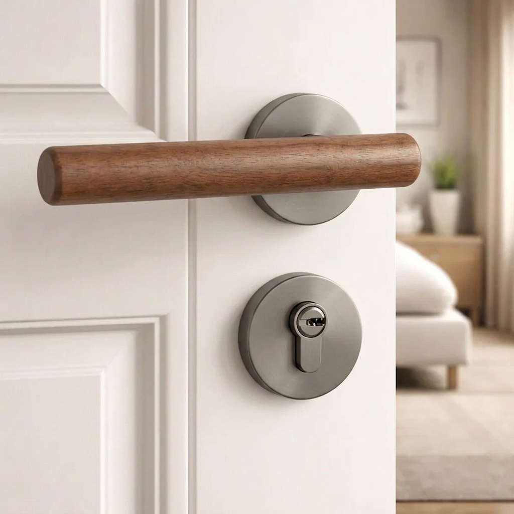 Magnetic split door lock handle with walnut lever and gray round keyhole plate