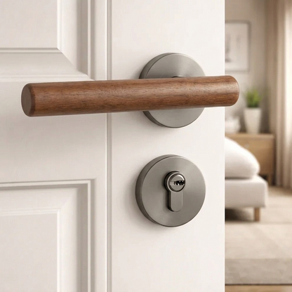 Magnetic split door lock handle with walnut lever and gray round keyhole plate