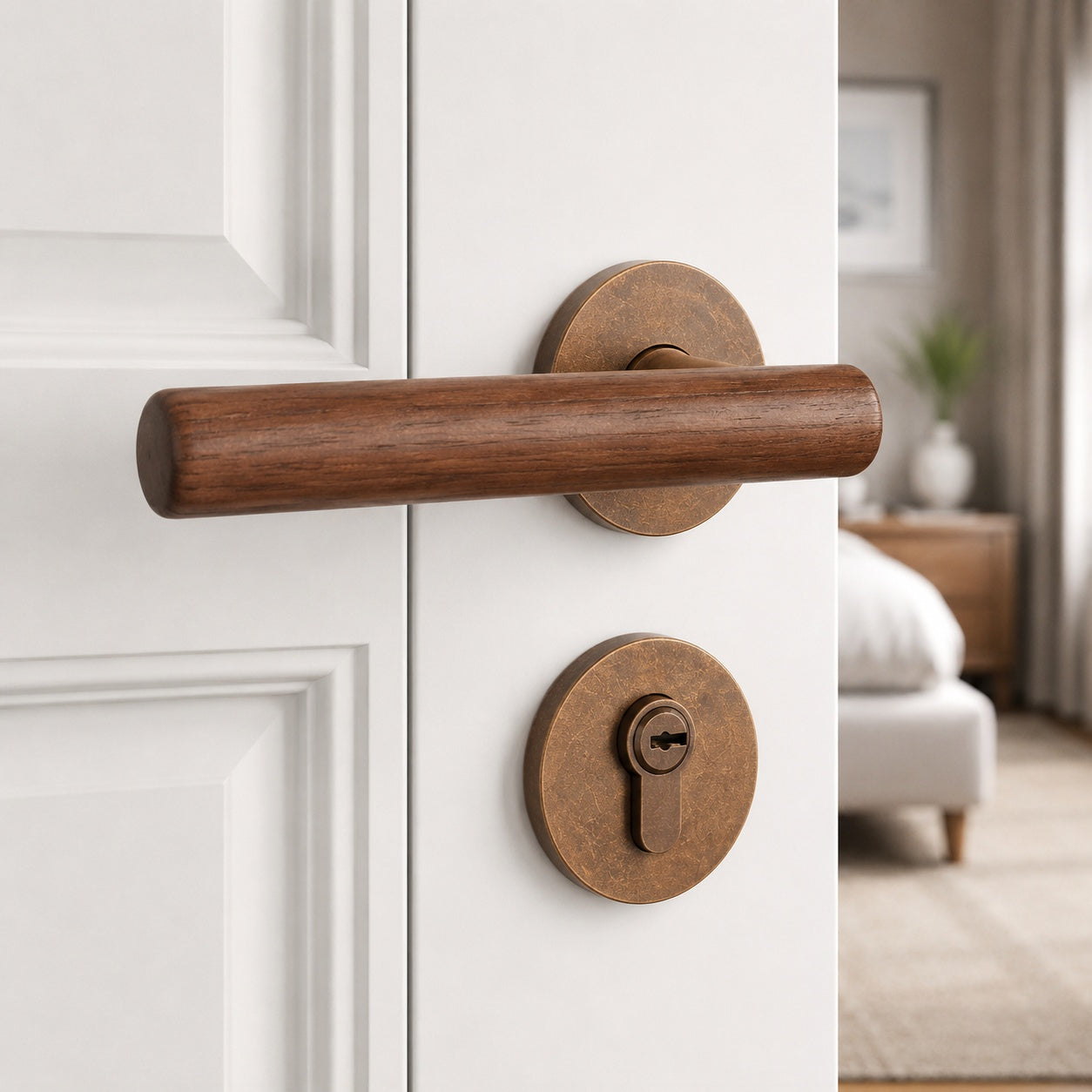 Magnetic split door lock handle with walnut lever and antique bronze round keyhole plate