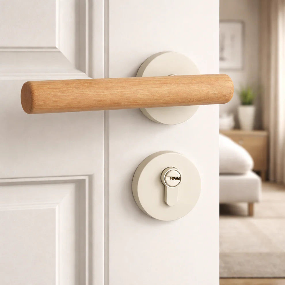 Magnetic split door lock handle with walnut lever and cream round keyhole plate