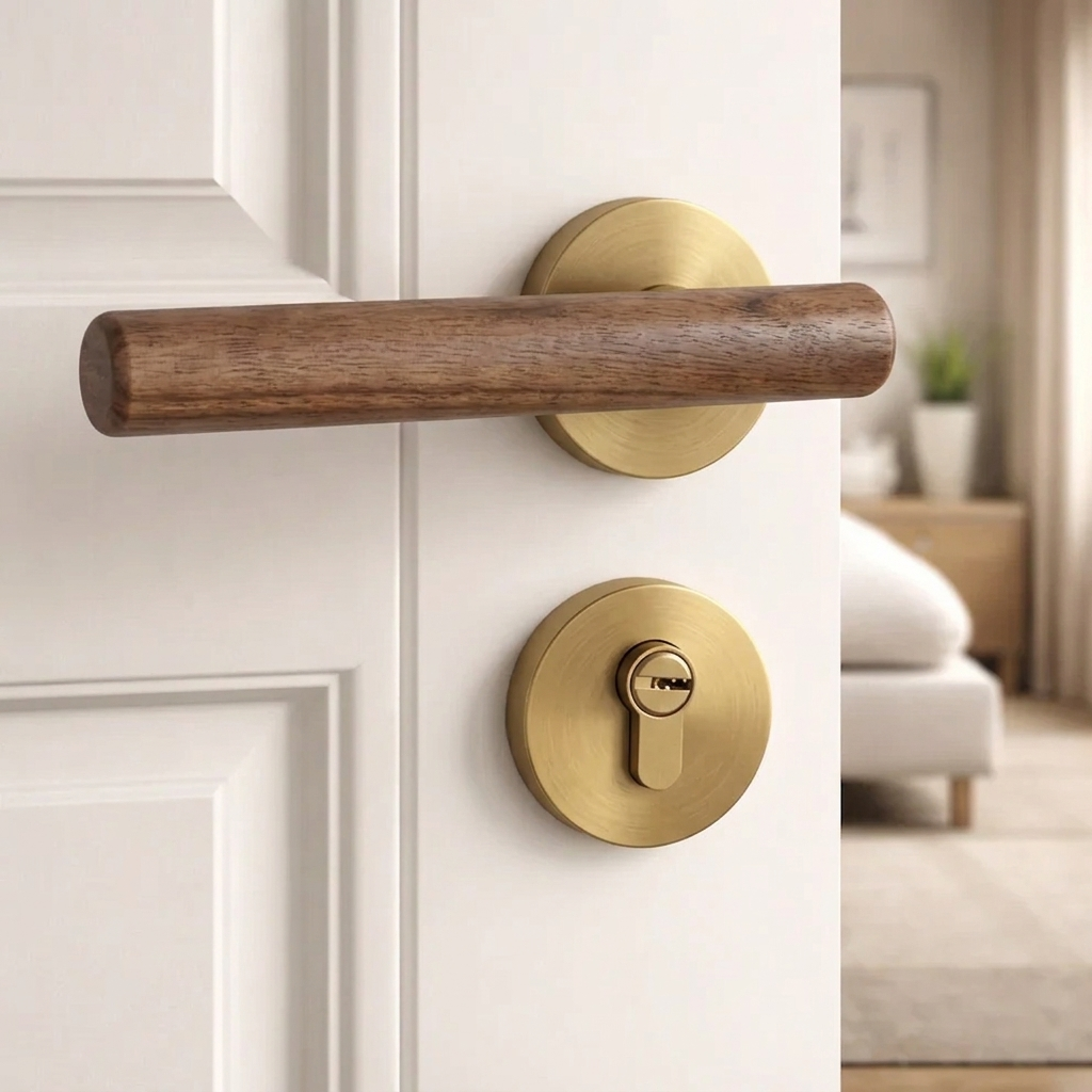 Magnetic split door lock handle with walnut lever and brushed gold round keyhole plate