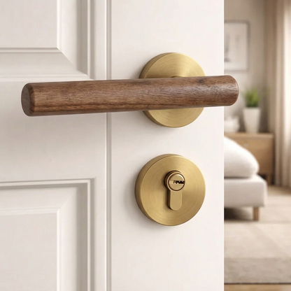 Magnetic split door lock handle with walnut lever and brushed gold round keyhole plate