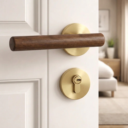Magnetic split door lock handle with walnut lever and polished gold round keyhole plate