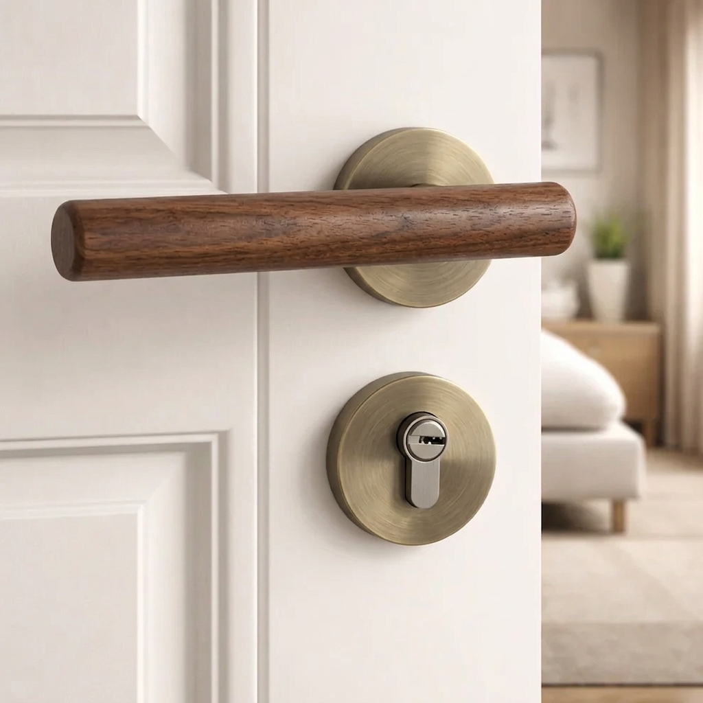 Magnetic split door lock handle with walnut lever and bronze round keyhole plate