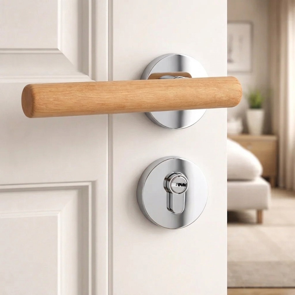 Magnetic split door lock handle with light walnut lever and chrome round keyhole plate