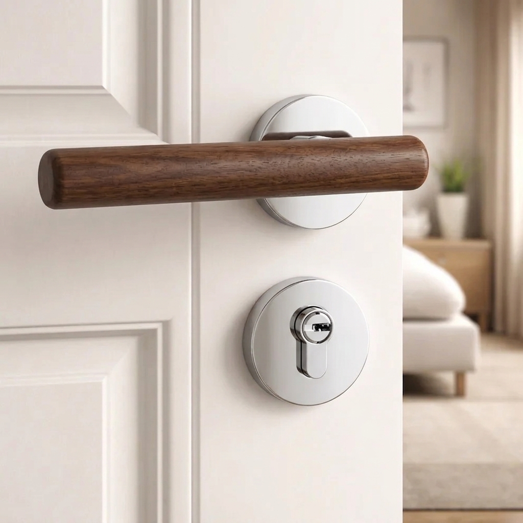 Magnetic split door lock handle with walnut lever and white round keyhole plate