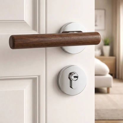 Magnetic split door lock handle with walnut lever and white round keyhole plate