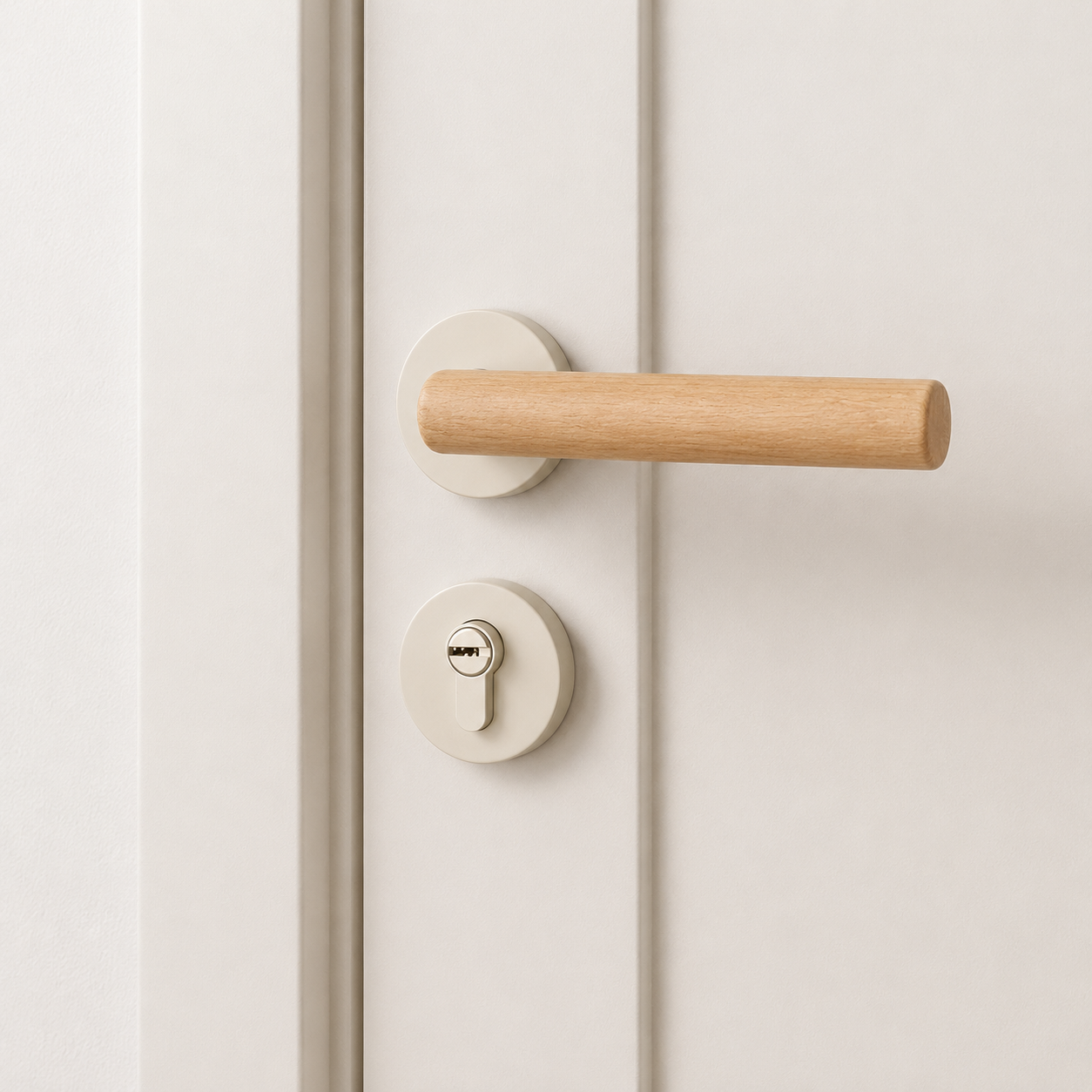 Magnetic split door lock handle with walnut lever and light round keyhole plate